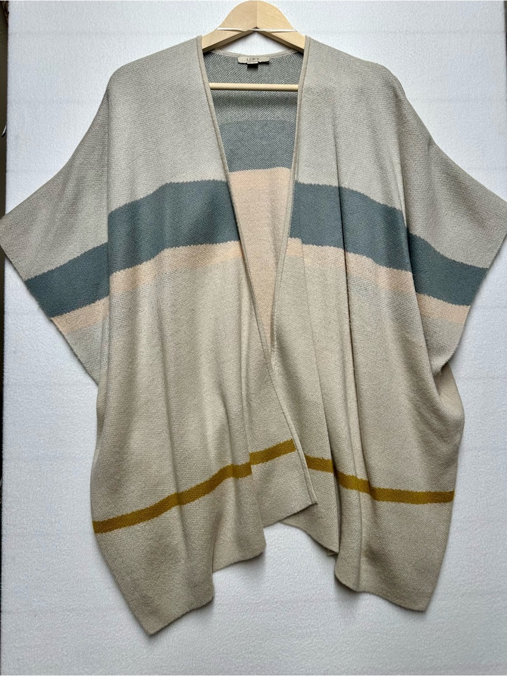 LOFT M/L Colorblock Poncho Cardigan Open Front Cape Sweater Gray Mustard